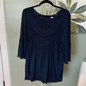 Women's Navy Crochet Yoke Blouse